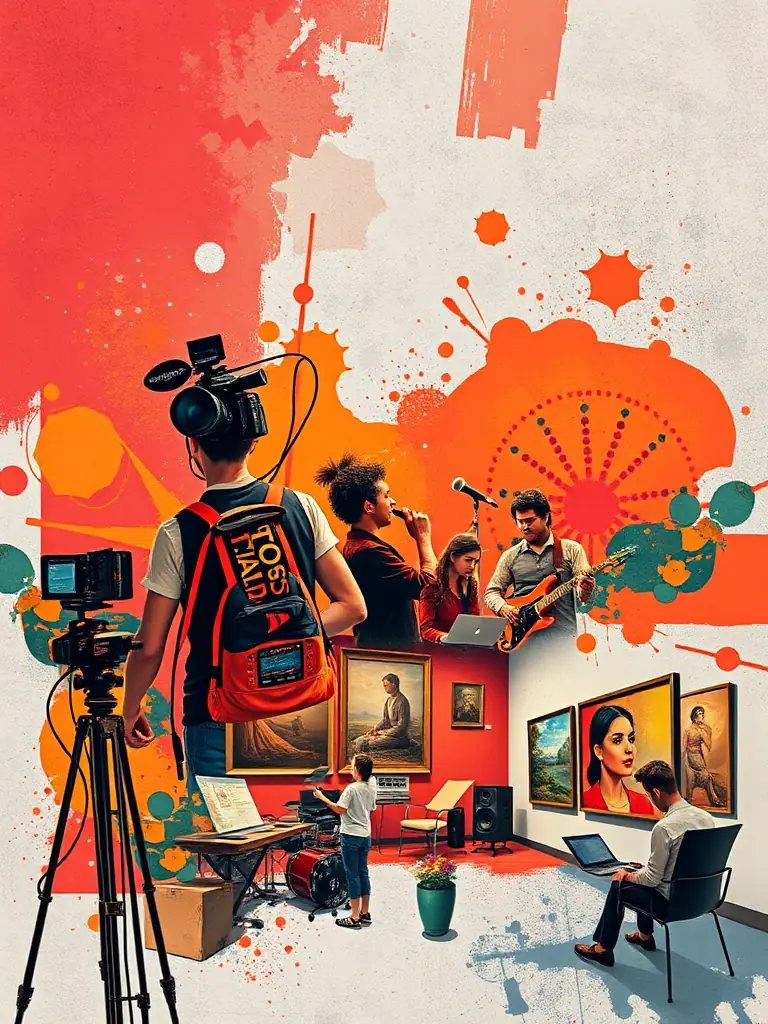 A vibrant collage showcasing various creative industry projects, such as film production, music recording, and art exhibitions, symbolizing KIBALII PARTNERS' support for the creative sector.