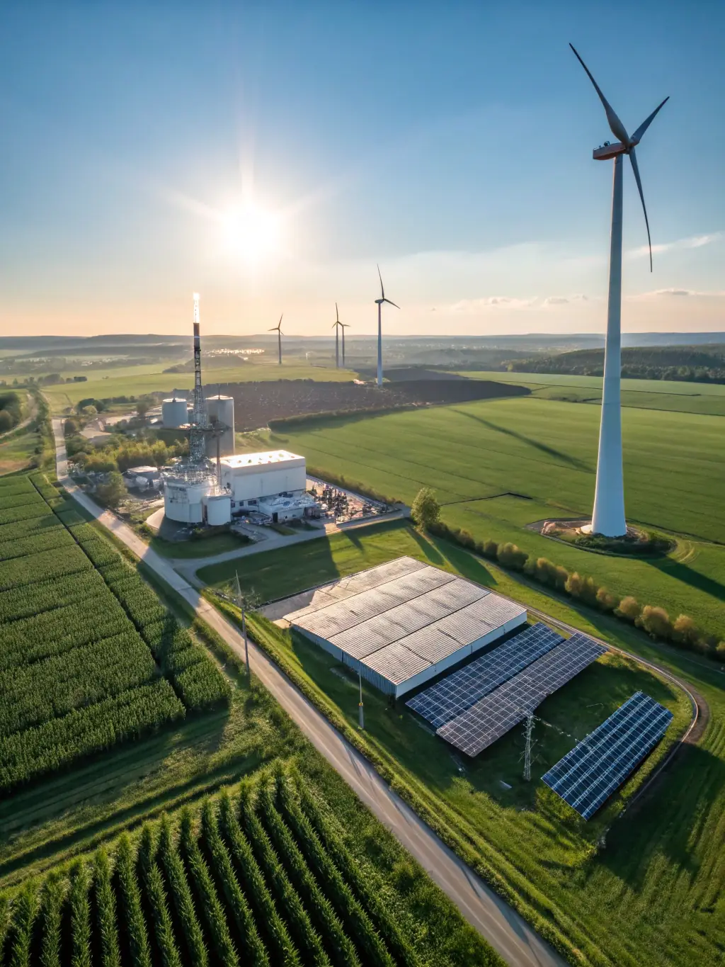 A wind turbine farm at sunset, illustrating KIBALII PARTNERS' involvement in the energy sector and their support for renewable energy initiatives.