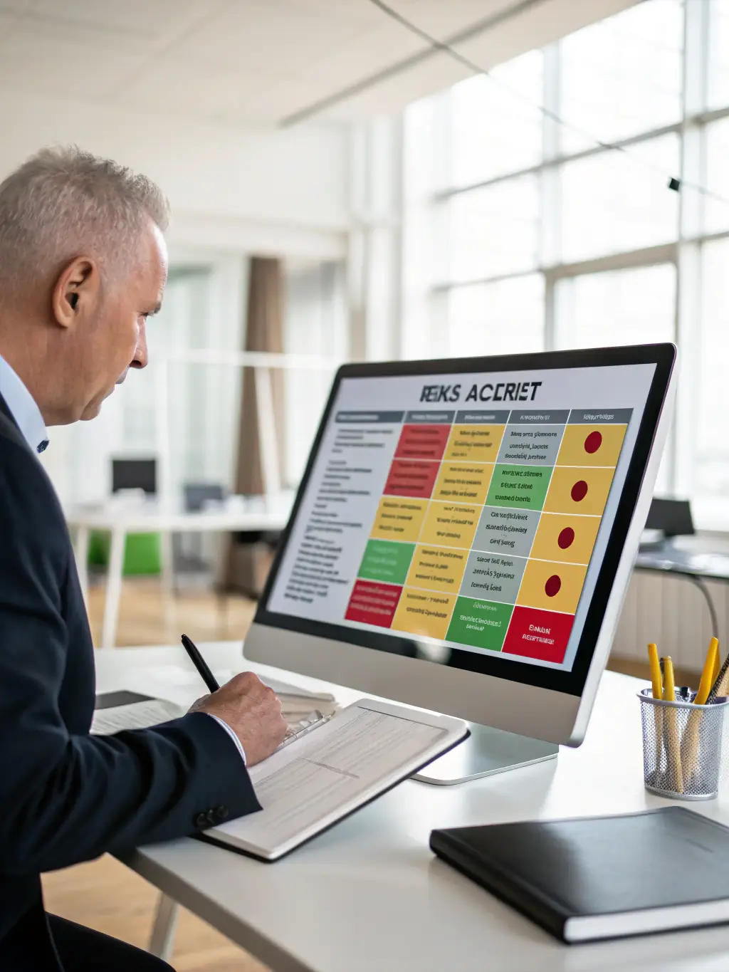 A visual representation of risk assessment, showing a matrix with likelihood and impact scales, used to prioritize and manage risks effectively.
