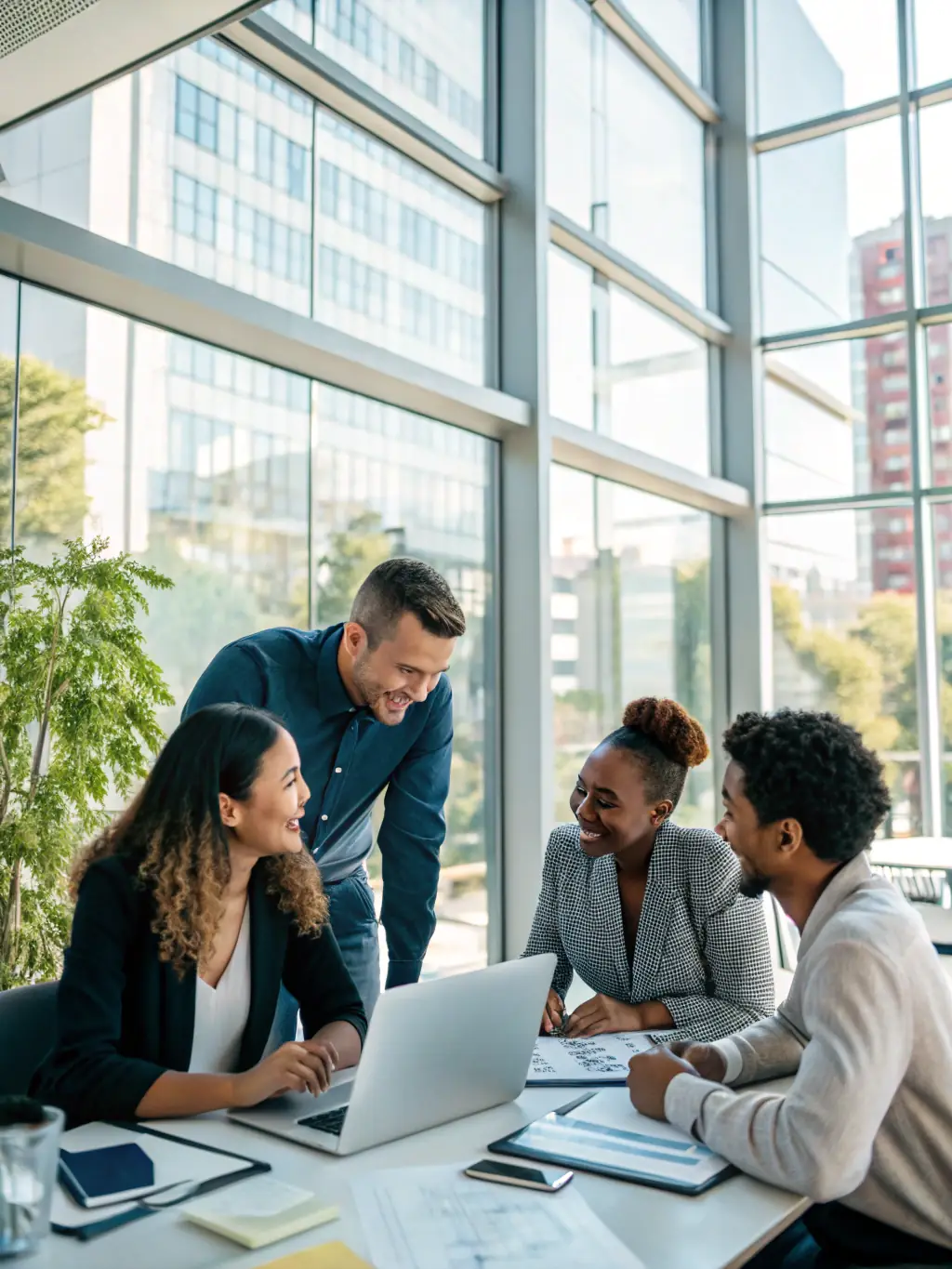 A diverse group of professionals collaborating in a modern office setting, representing KIBALII PARTNERS' collaborative approach to financial services across various sectors.