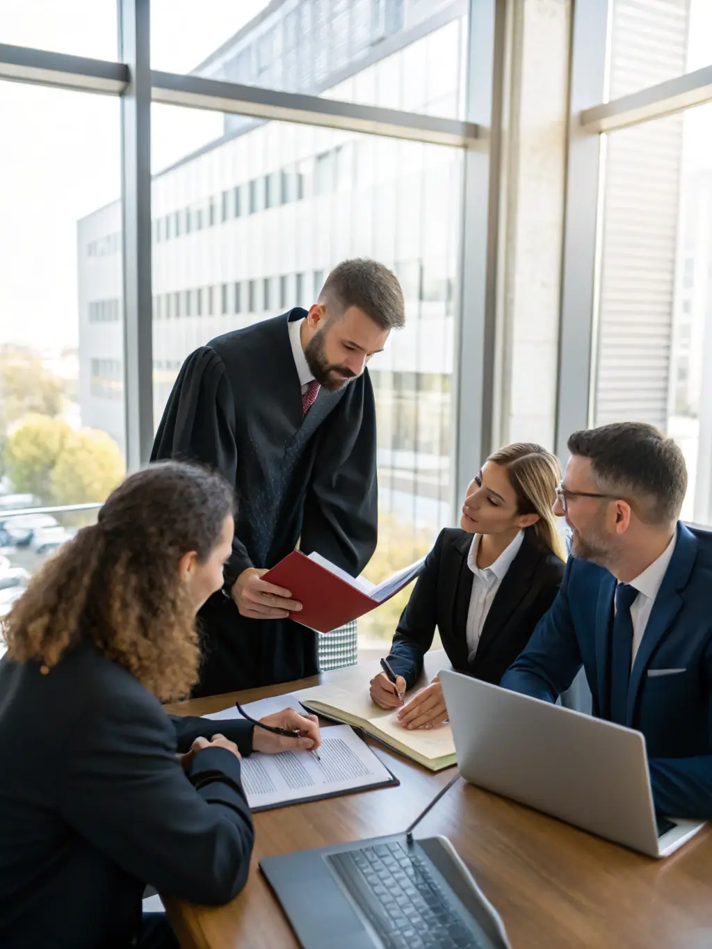 A team conducting due diligence, examining financial documents and legal contracts in a well-lit office, representing thorough investigation.