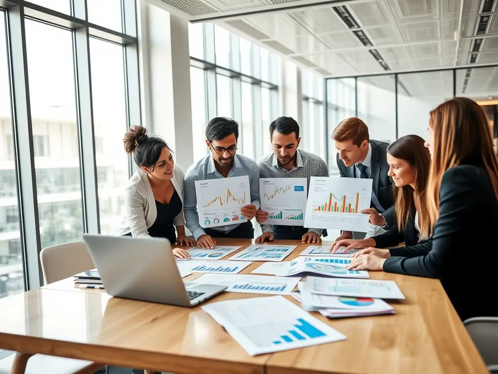 A high-angle shot of a team of financial analysts collaborating in a modern office, reviewing market data on large screens, symbolizing strategic decision-making.