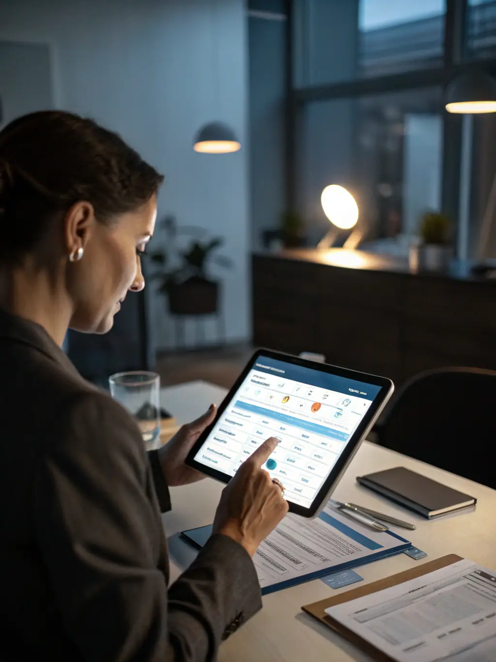 A focused professional using a digital tablet to analyze market trends, set against a backdrop of a modern office environment, symbolizing strategic intelligence.
