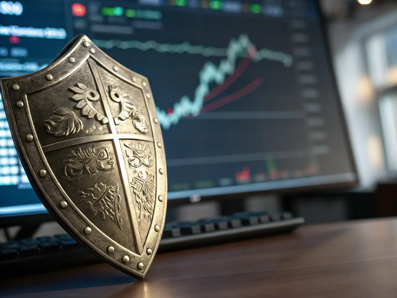 A visual representation of risk assessment, showing a shield protecting assets from various threats, such as market volatility and geopolitical instability.